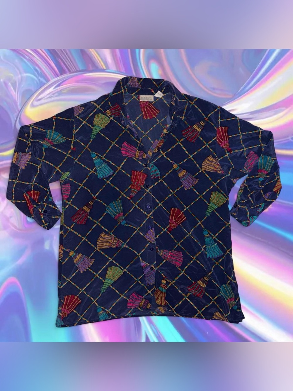 vtg 90s silk rainbow tassel print blouse - elisabeth by liz claiborne sz 2x
